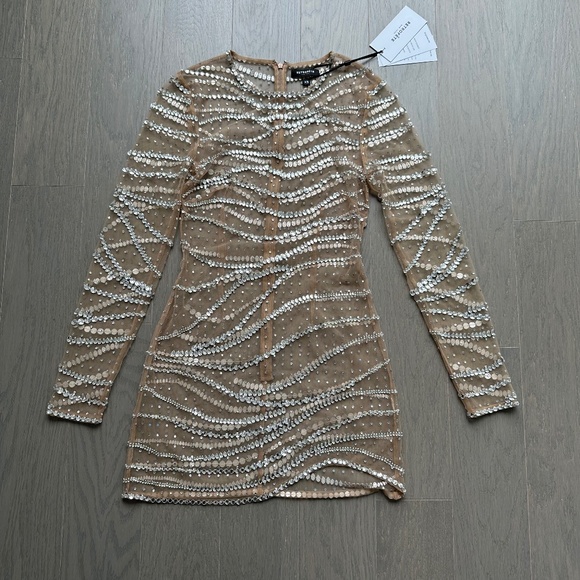 Retrofete RAES Sheer Crystal Long Sleeve Nude Mini Dress Embellished - XS - Picture 2 of 7